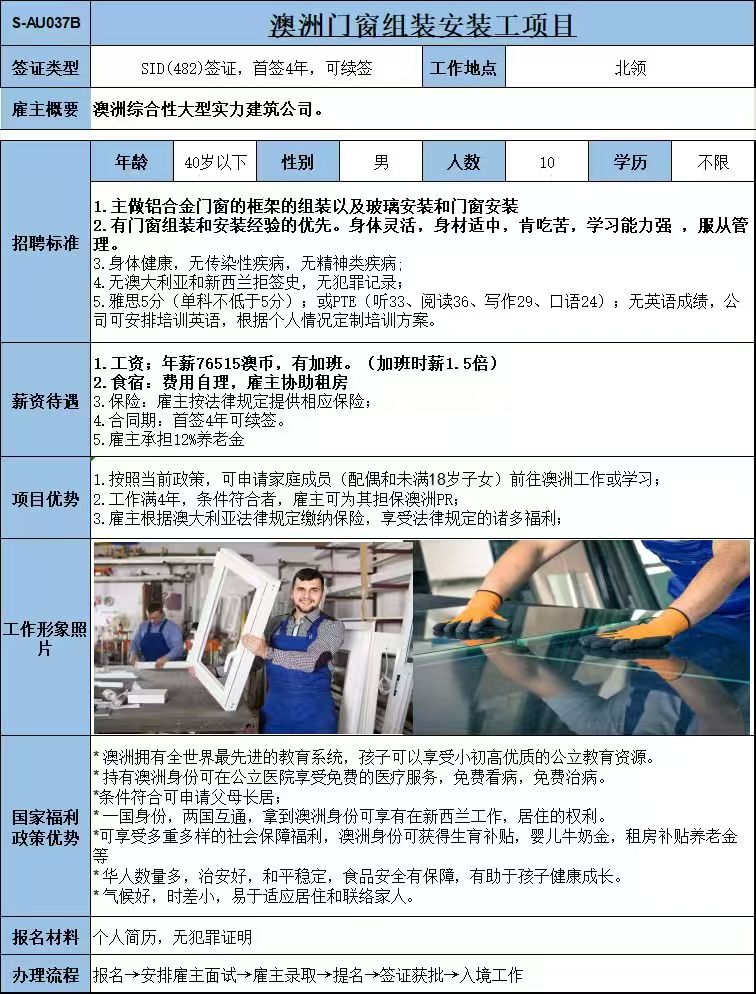 澳洲 安装工 抹灰 木工 汽车钣金喷漆